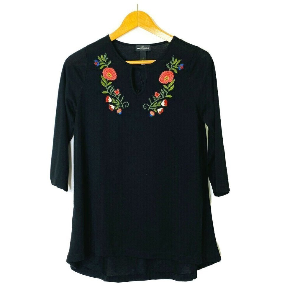 Karen Brooks size Small 3/4 Sleeve Pullover T Shirt Knit Top Embellished Black